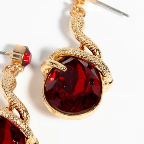LOVISA GOTH SNAKE GOLD/BLOOD RED CRYSTAL DANGLE EARRINGS**NEW! - Picture 2 of 3